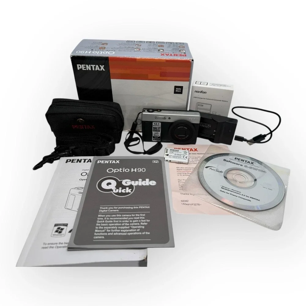 Pentax‎ Optio H90 Digital Camera 12.1MP 5X Zoom w/ Box Case Charger Tested Works